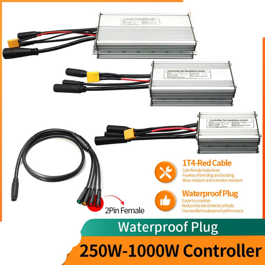 KunTeng Electric Bike Controller 36V 48V XT60 Waterproof Brushless 250W 350W 500W 1000W with 1T4 Cable 2Pin E-Brakes