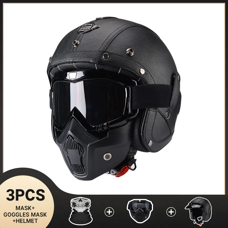 Vintage Motorcycle Helmet Men's Four season Leather Jet Helmets Electric Bike Half Helmet Black CHINA