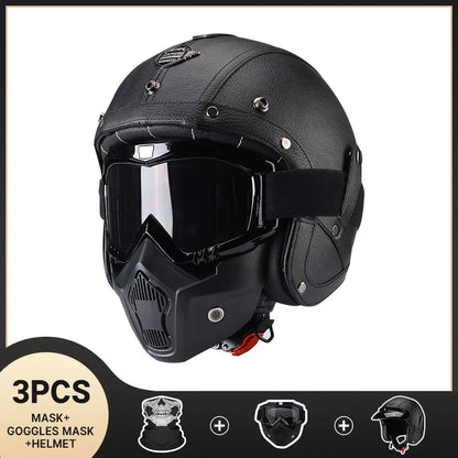 Vintage Motorcycle Helmet Men's Four season Leather Jet Helmets Electric Bike Half Helmet Black CHINA