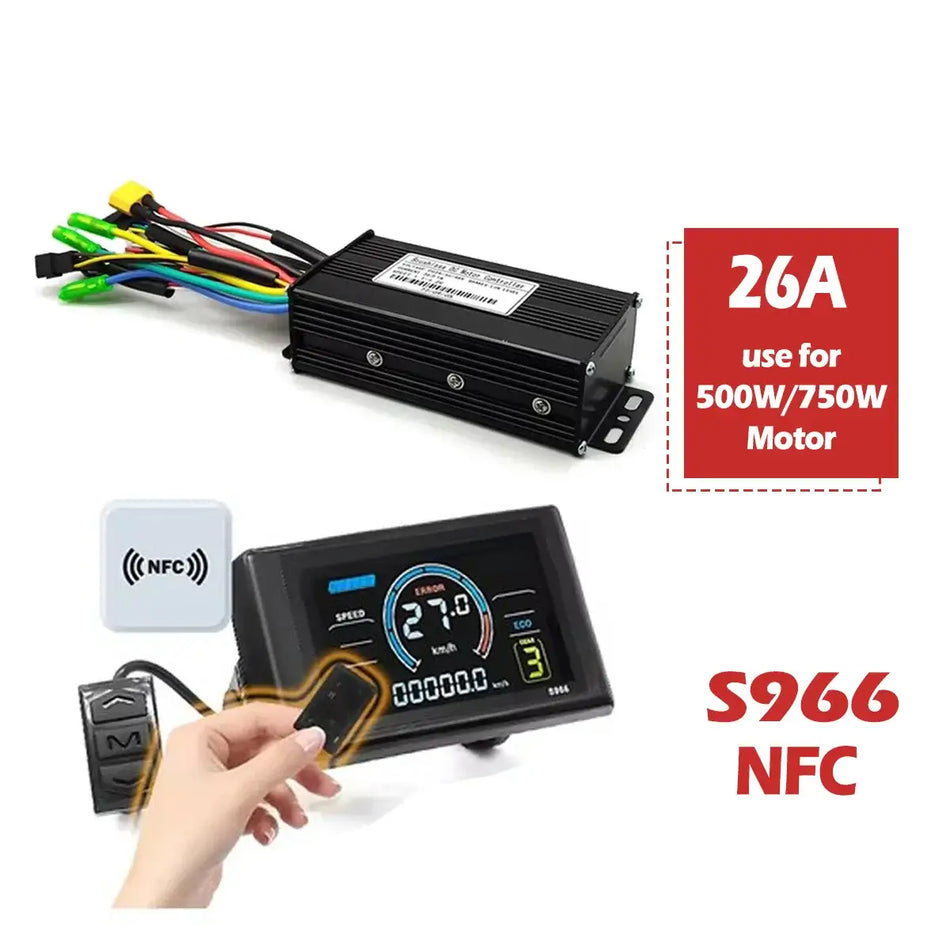 36V/48V Sine Wave E-Bike Controller with S966 NFC Display (17A/26A/30A)