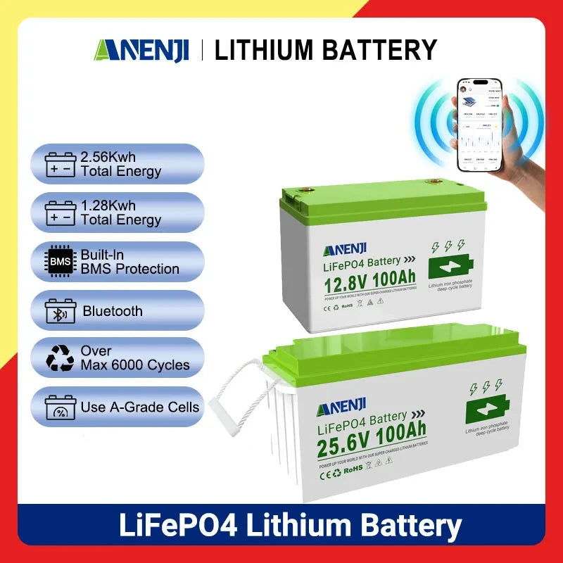 ANENJI 12.8V 25.6V 100Ah LiFePO4 Lithium Battery Front Hero View