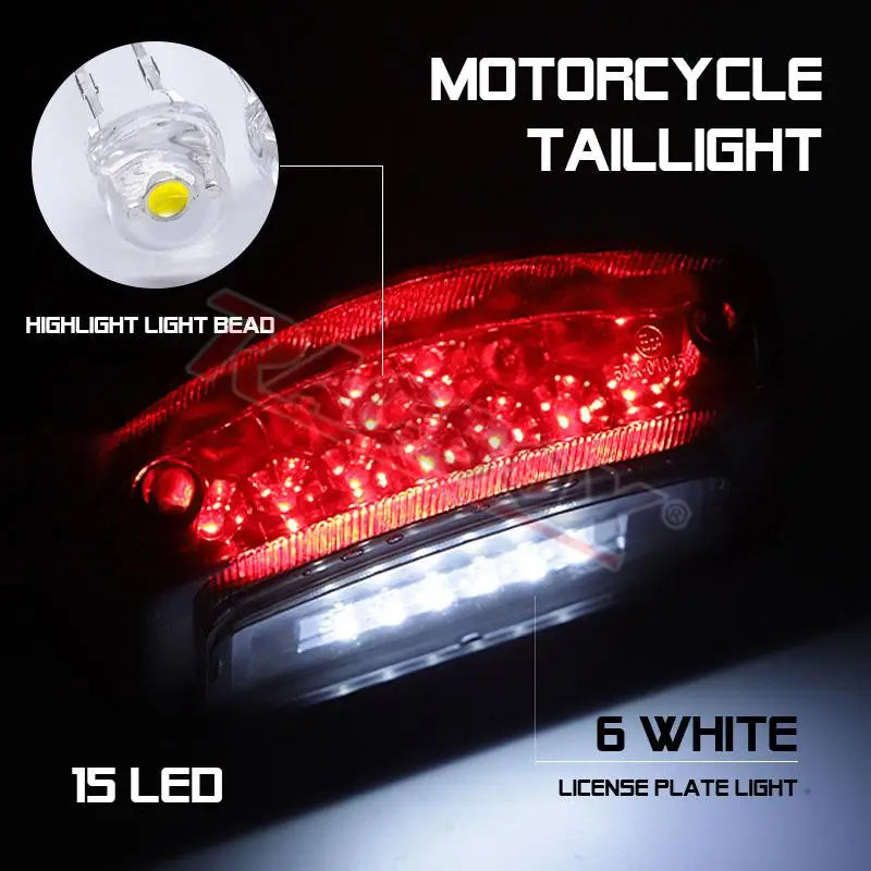 Rear Motorcycle LED Tail Light Red+White License Plate Light Running Brake Lamp Taillight Universal for ATV UTV Racer Chopper