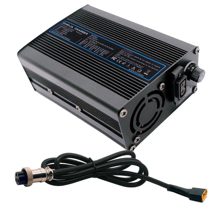 54.6V 5A Smart Lithium Battery Fast Charger for 48V 13S Battery Packs with aluminum casing and cooling fan.