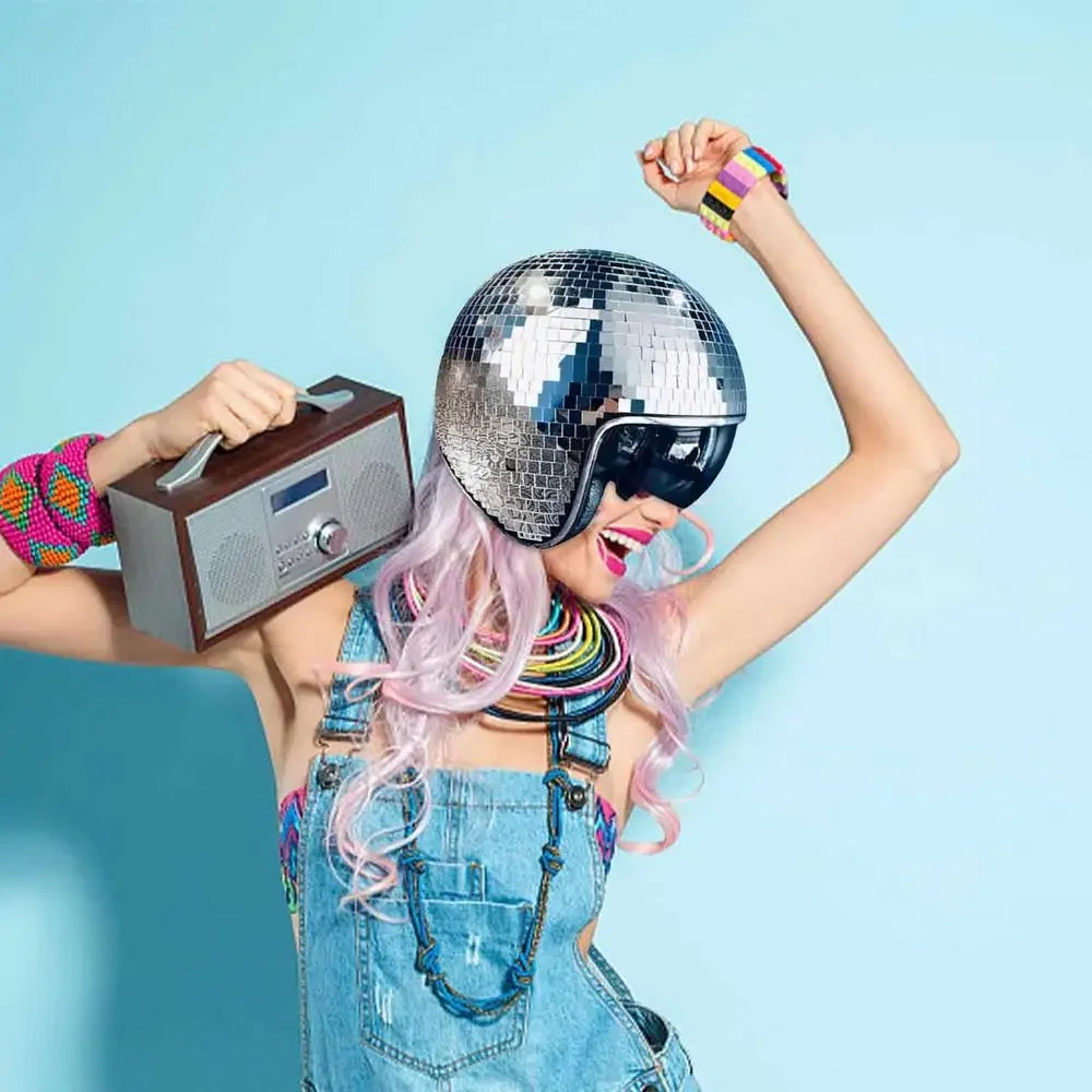 Disco Ball Helmet With Retractable Helmet Glitter Mirror Glass Disco Ball Hat For DJ Club Stage Bar Party Wedding