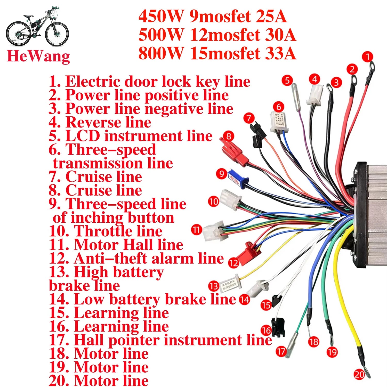 350W/450W/500W/800W three-mode sine wave controller 48V/52V/64V e-bike brushless motor controller 18A/25A/33A/30A for e-scooters