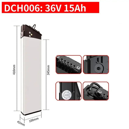 DCH-003/006/009 E-Bike Battery 36V 48V 52V (10Ah-17Ah) 350W-1000W with dimensions and details