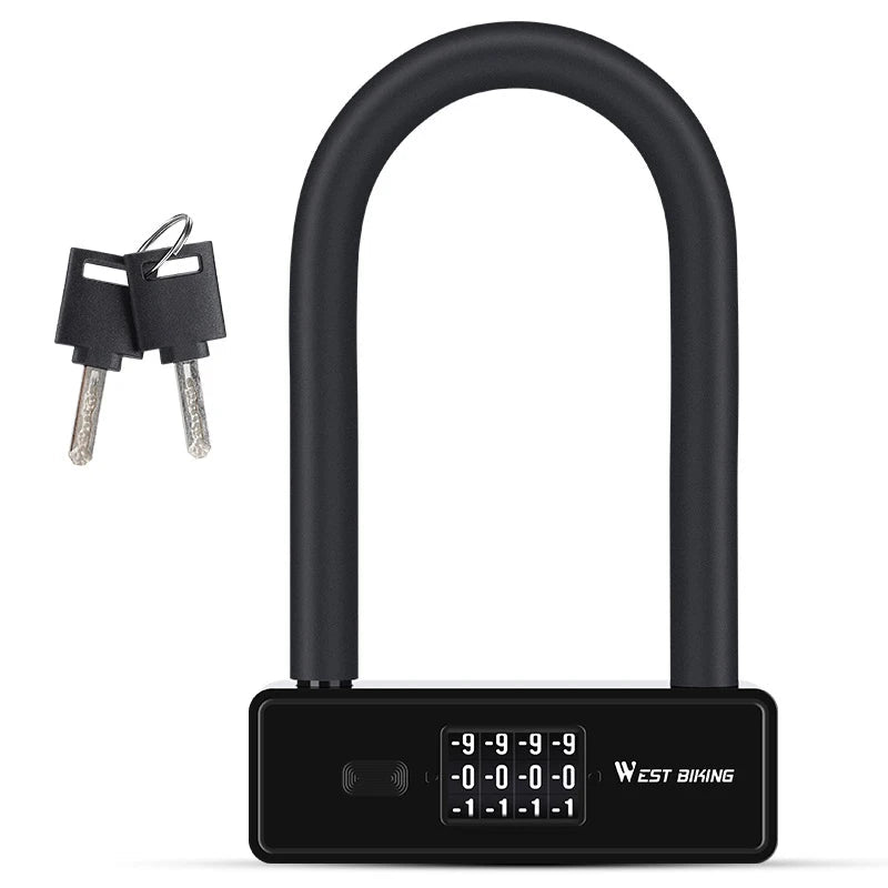 WEST BIKING Bicycle Motorbike U Lock Anti Theft Security Lock Heavy Duty Zinc Alloy Padlock E-Bike Door with Password Keys