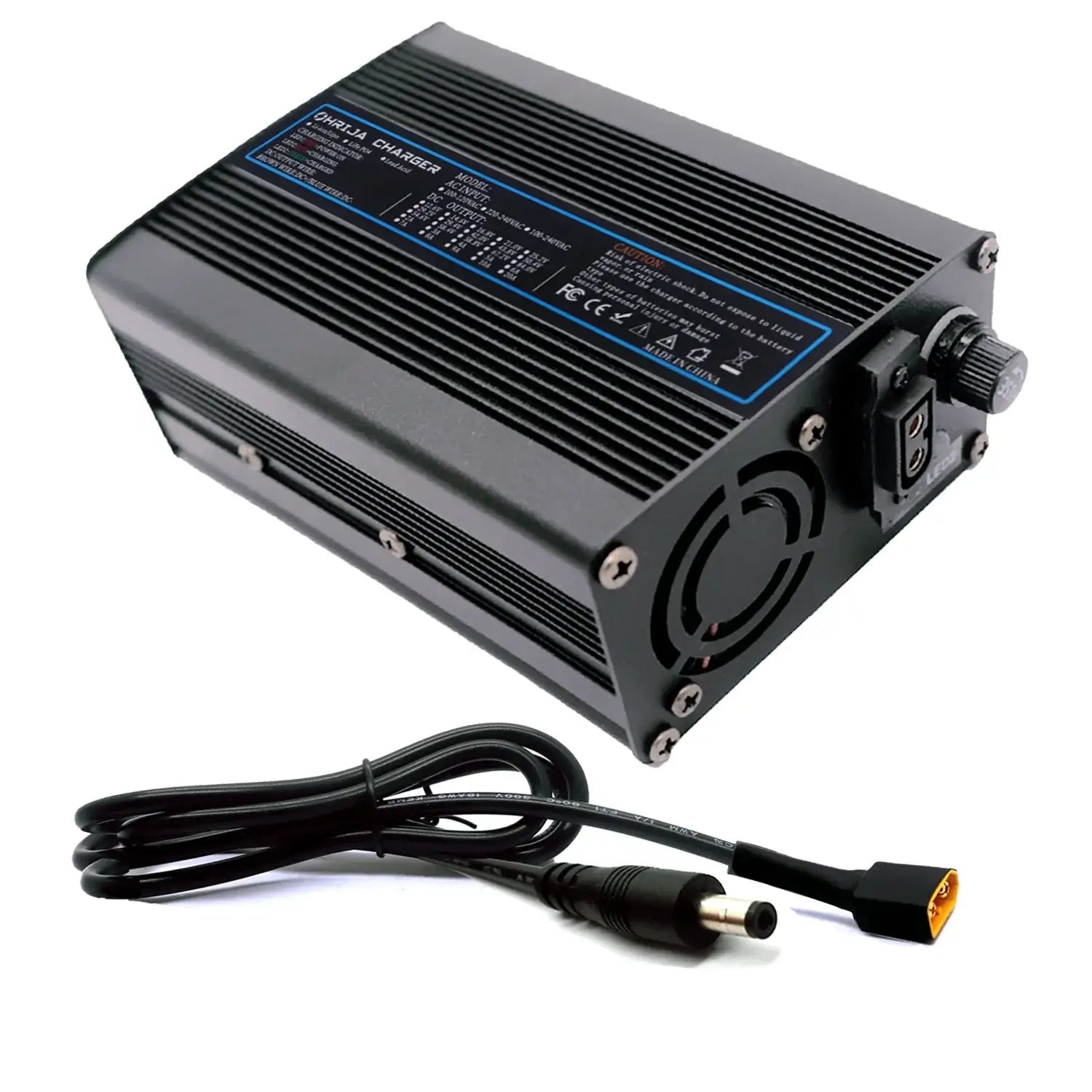 54.6V 5A Smart Lithium Battery Fast Charger for 48V 13S Battery Packs with rugged design and cooling fan.