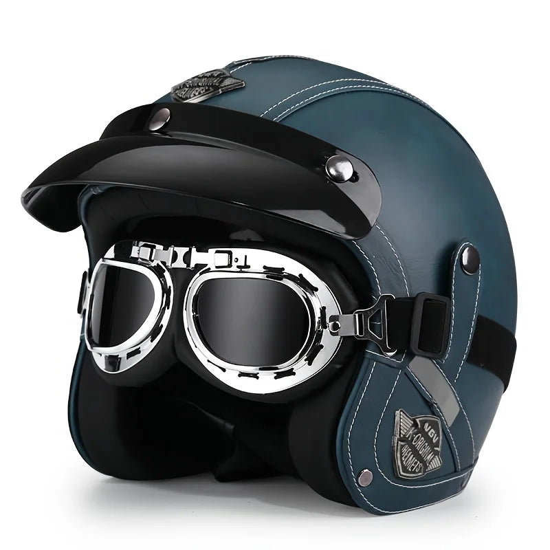 Retro Harley Motorcycle Helmet Quater-Mask in Dark Blue Leather with Copper Mirror for All Seasons 55.lanse.yin China