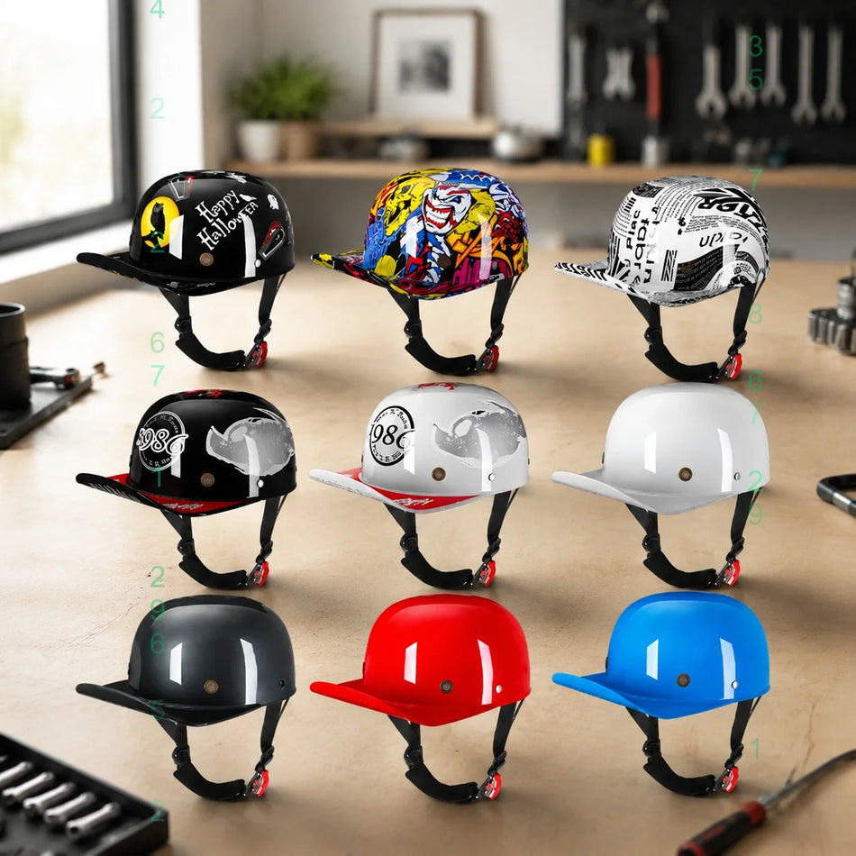 Vintage Motorcycle Helmet Baseball Cap Style - Half Face Scooter Helmet for Unisex Adults & Kids, Four Seasons Safe Riding Hat