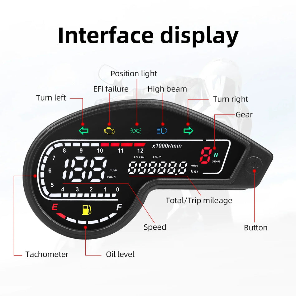 Universal motorcycle digital speedometer and RPM tachometer dashboard mounted on Honda motorcycle