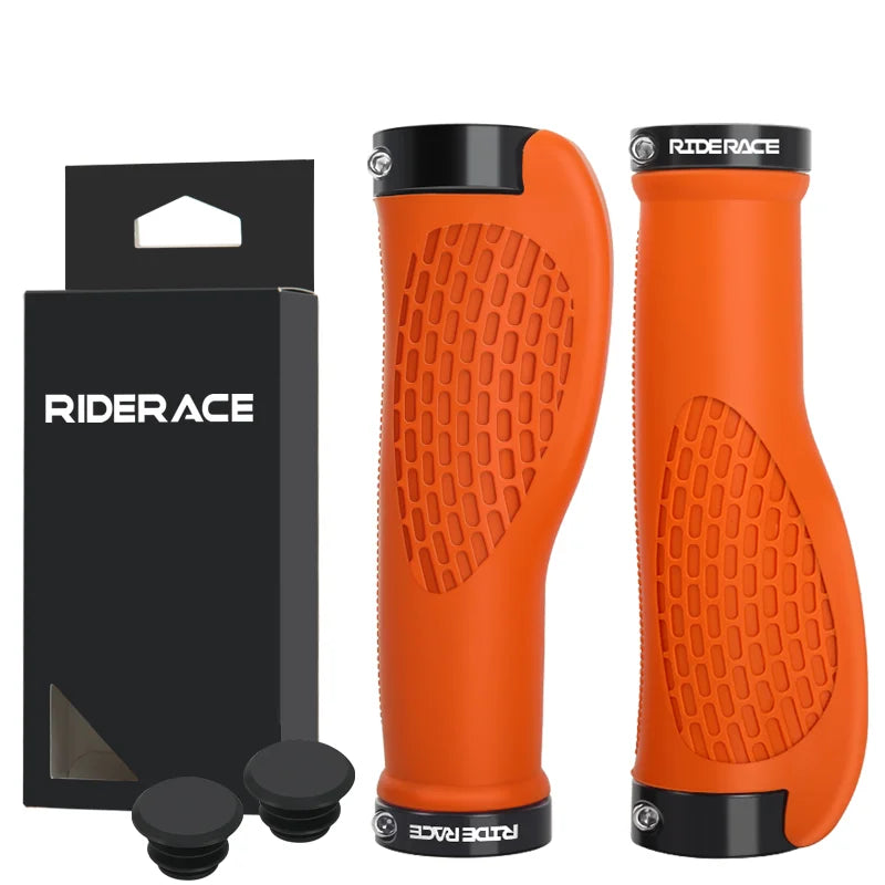 RIDERACE Bicycle Handlebar Grips Dual Lock Mountain Bike Handle Bar Cover Shockproof Non-Slip Ergonomic Cycling Grip Soft Rubber Orange