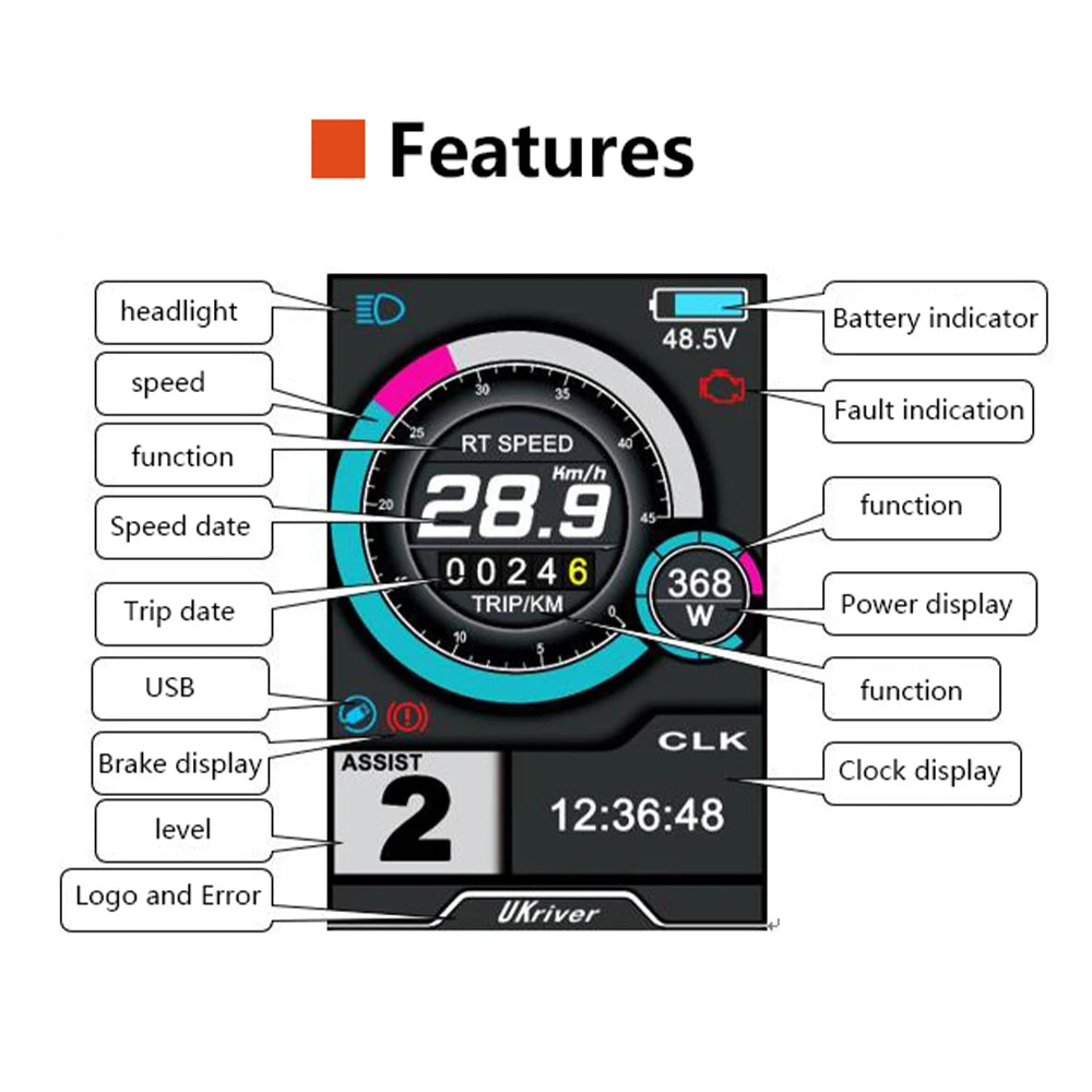 Electric Bike 36V-72V 1000W-1500W 35A 45A 3-Mode Sine Wave Ebike Motor and Speed Controller Set with Colorful LCD UKC1 Display