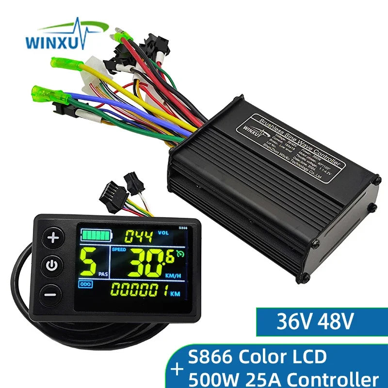36V 48V 500W 25A E-Bike FOC Sine Wave Brushless Motor Controller S866 Colour LCD Display Set for Electric Bicycle Scooter Repair