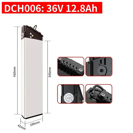 DCH-003/006/009 E-Bike Battery 36V 48V 52V (10Ah-17Ah) 350W-1000W with dimensions and features shown.