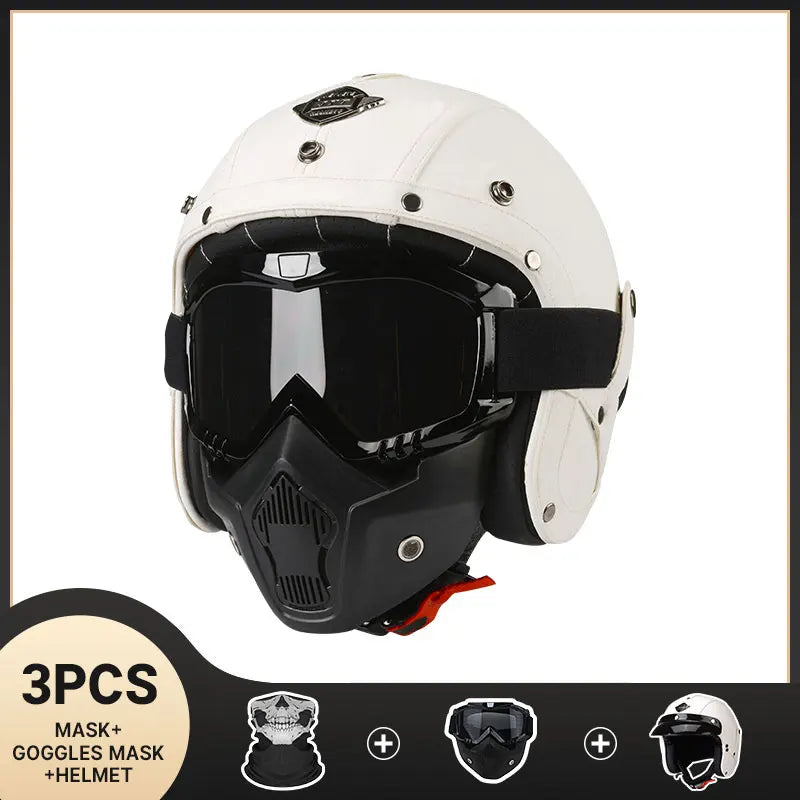 Vintage Motorcycle Helmet Men's Four season Leather Jet Helmets Electric Bike Half Helmet White CHINA
