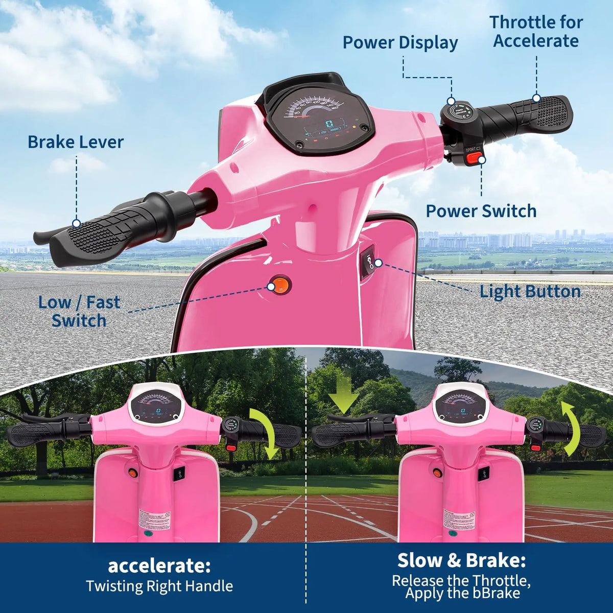 handlebar throttle and brake controls on electric ride on