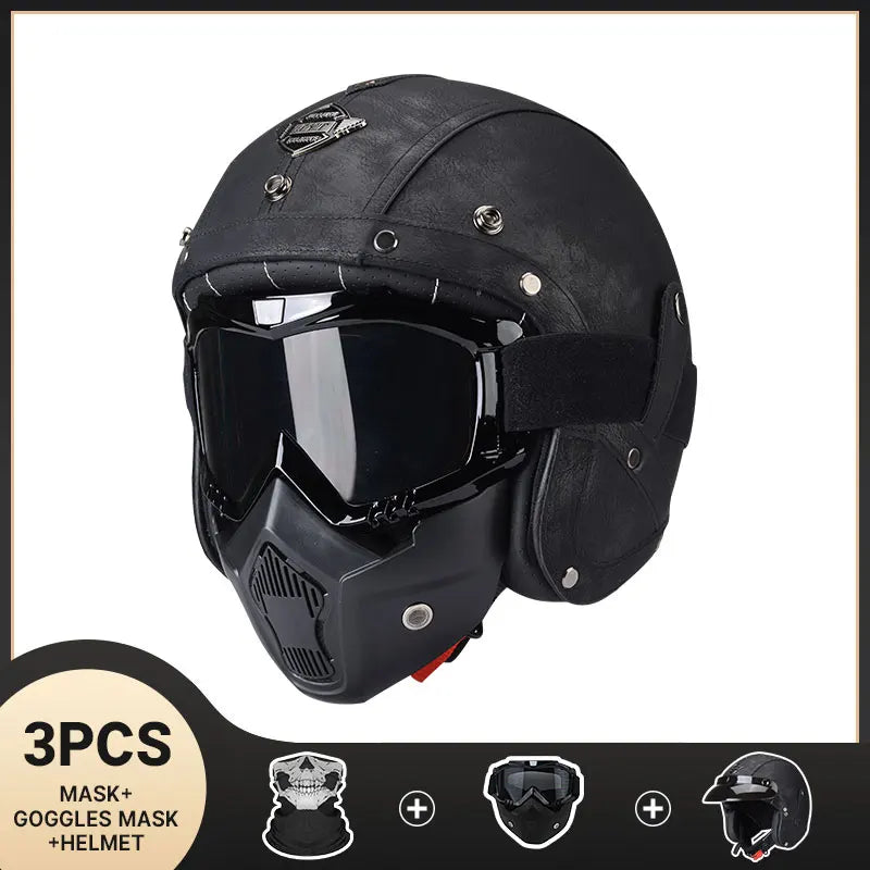 Vintage Motorcycle Helmet Men's Four season Leather Jet Helmets Electric Bike Half Helmet Black C CHINA