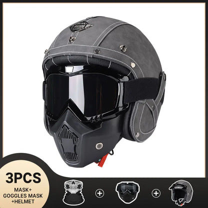Vintage Motorcycle Helmet Men's Four season Leather Jet Helmets Electric Bike Half Helmet Grey CHINA