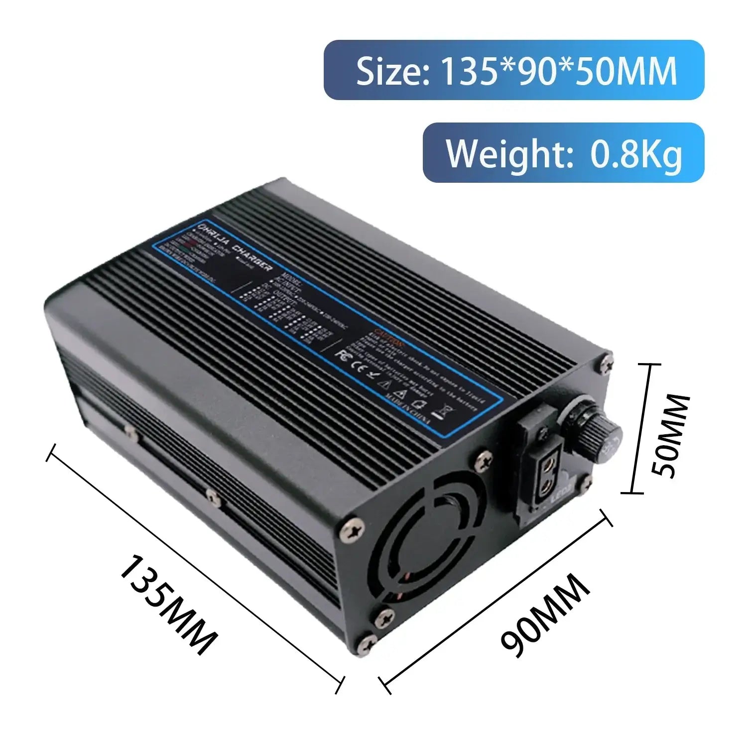 54.6V 5A Smart Lithium Battery Fast Charger for 48V 13S Battery Packs showcasing dimensions 135x90x50mm and weight 0.8kg.