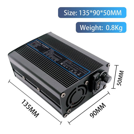 54.6V 5A Smart Lithium Battery Fast Charger for 48V 13S Battery Packs showcasing dimensions 135x90x50mm and weight 0.8kg.