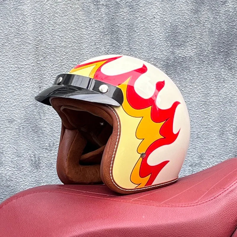 Motorcycle Half Open Face Four Seasons Universal Semi-open Motocross Helmet White Fire