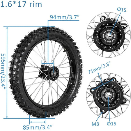 Rear 90/100-14 dirt bike tire mounted on heavy duty metal wheel rim