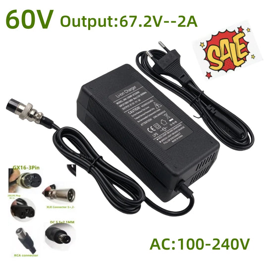60V Charger 2A Output 67.2V/2A Charger For Wheelbarrow Harley Citycoco 16S 60V lithium Battery GX16 Connector with Fan 100-240V