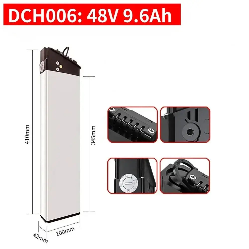 DCH-003/006/009 E-Bike Battery 36V 48V 52V (10Ah-17Ah) 350W-1000W image showing DCH006 48V 9.6Ah battery details and dimensions.