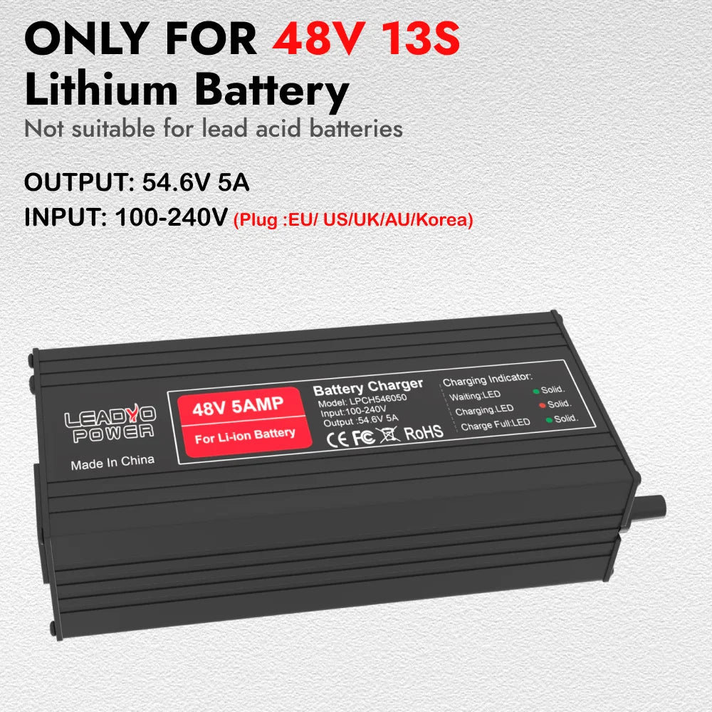 54.6V 5A Li-ion Battery Charger For 48V Electric Bike with DC2.1 Plug Intelligent Ebike Polly Hailong Battery Power Supply