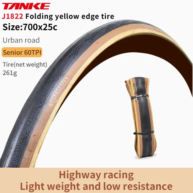 TANKE MTB Bicycle JILUER Foldable Gravel Tire Black/Yellow 60TPI Road BICYCLE Tire 26×2.25/27.5×2.1/2.2/29×2.2/700×25C/20×1.35 J1822 700x25C Yellow Foldable China