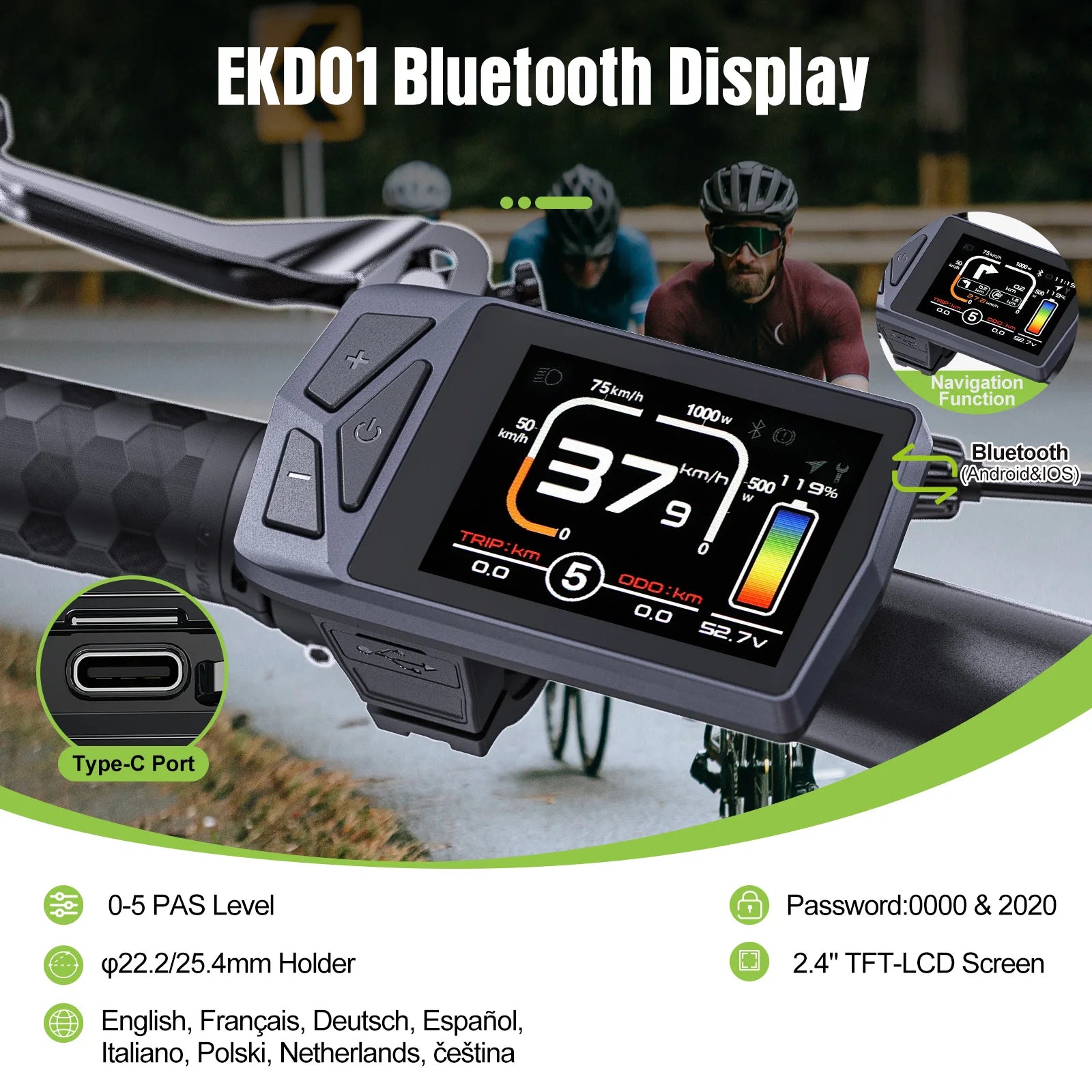 EKD01 Bluetooth Navigation Display 8 Languages LCD Ebike Computer For BAFANG Electric Bike Motor Kit Intelligent Controller
