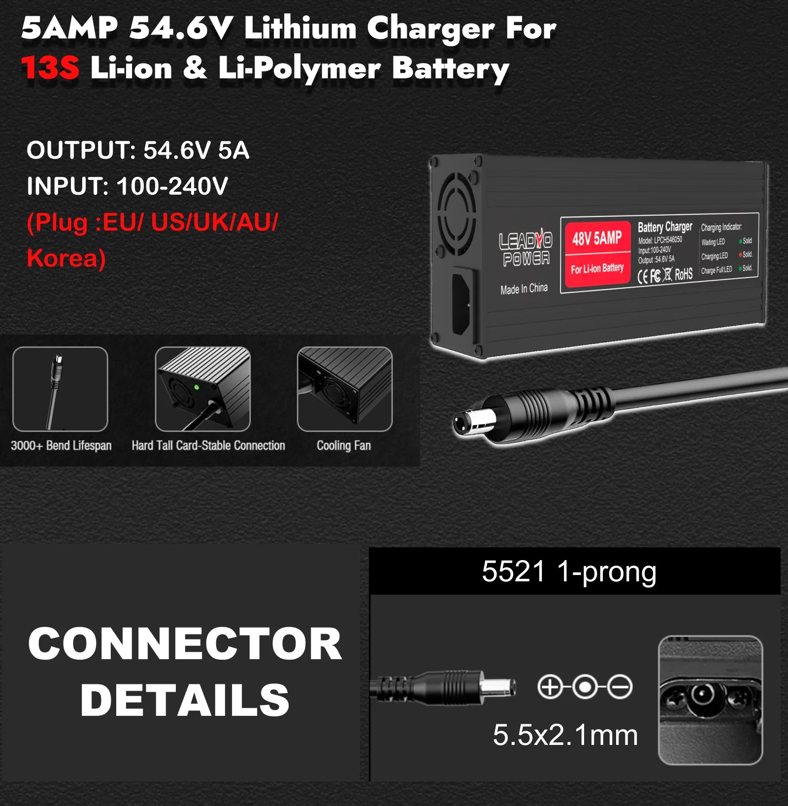 54.6V 5A Li-ion Battery Charger For 48V Electric Bike with DC2.1 Plug Intelligent Ebike Polly Hailong Battery Power Supply
