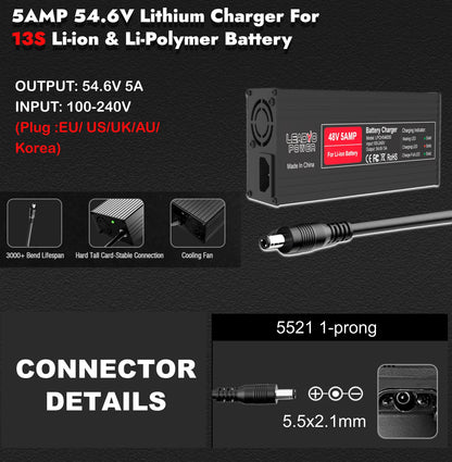 54.6V 5A Li-ion Battery Charger For 48V Electric Bike with DC2.1 Plug Intelligent Ebike Polly Hailong Battery Power Supply