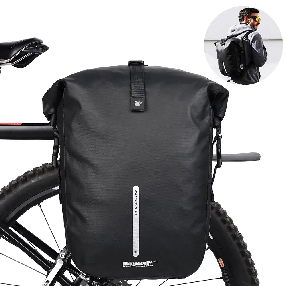 Rhinowalk Bike Pannier Bag 20L Big Capacity Waterproof Rear Rack Black Travel Bicycle Cycling Shoulder Bag Backpack Accessories