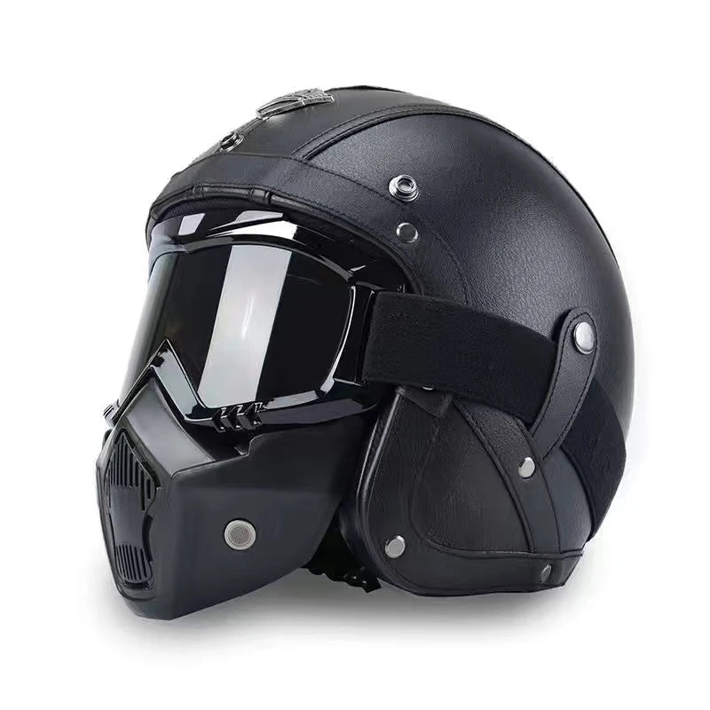 Vintage Motorcycle Helmet Men's Four season Leather Jet Helmets Electric Bike Half Helmet
