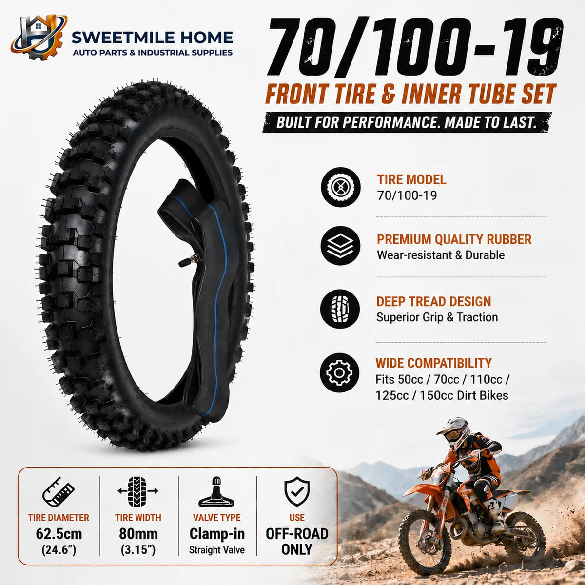 70/100-19 front dirt bike tire and inner tube set in black rubber