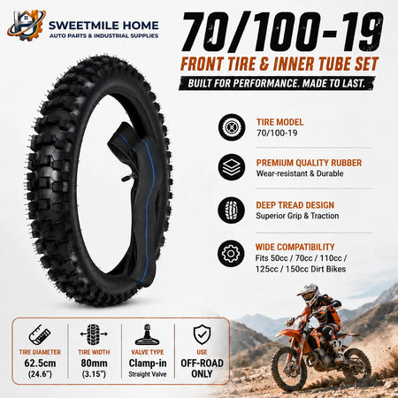 70/100-19 front dirt bike tire and inner tube set in black rubber