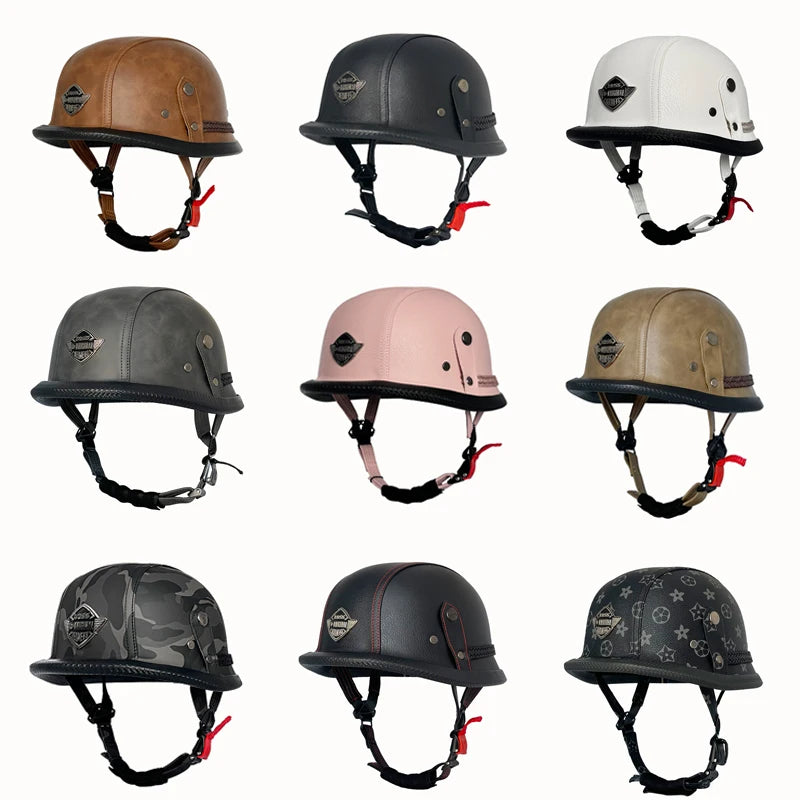 Vintage leather soldier helmet retro half helmet all seasons unisex bicycle cruiser electric scooter helmet