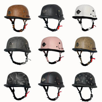 Vintage leather soldier helmet retro half helmet all seasons unisex bicycle cruiser electric scooter helmet