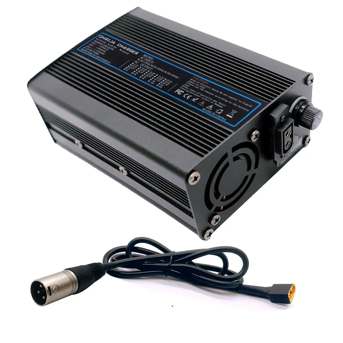 54.6V 5A Smart Lithium Battery Fast Charger for 48V 13S Battery Packs with rugged aluminum shell and cooling fan.