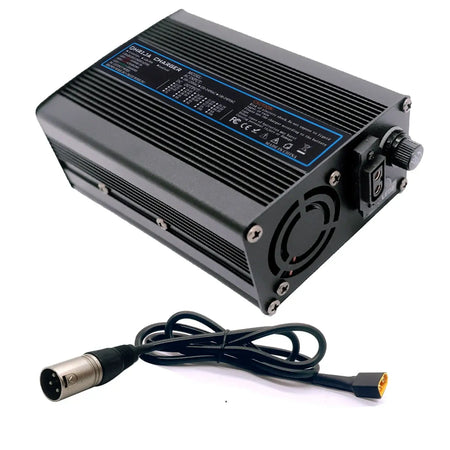 54.6V 5A Smart Lithium Battery Fast Charger for 48V 13S Battery Packs with rugged aluminum shell and cooling fan.