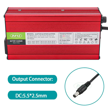 AFU 84V 5A Smart Lithium Charger for 72V/74V 20S Li-ion & Lipo Battery with output connector details.