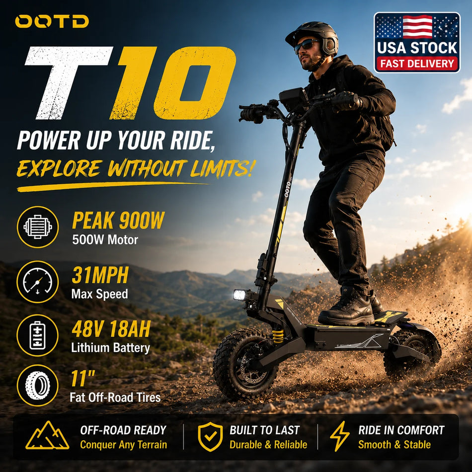 OOTD T10 Adult Electric Scooter 900W Peak, 31 MPH & 11" Off-Road Tires