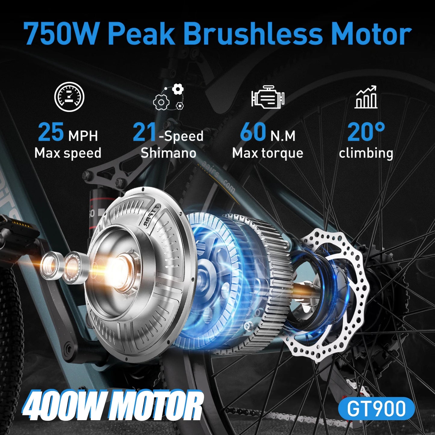 GT900 Electric Bike, Cyan, 24/26 Inch Rim, 750W Peak Motor, 28MPH, Dual Suspension, 13Ah/20Ah Removable Battery