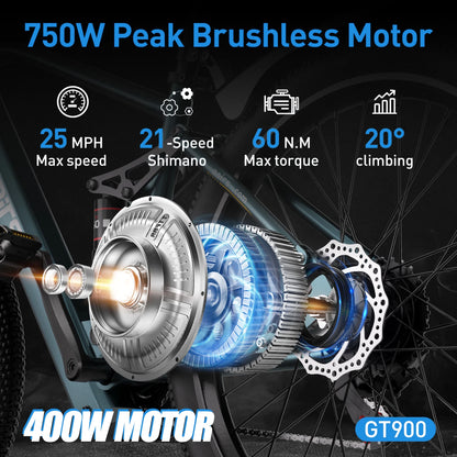 GT900 Electric Bike, Cyan, 24/26 Inch Rim, 750W Peak Motor, 28MPH, Dual Suspension, 13Ah/20Ah Removable Battery