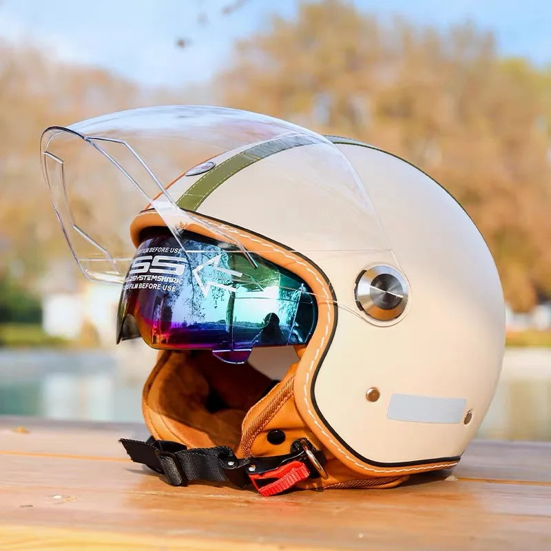 Double visor open face leather retro motorcycle helmet front view