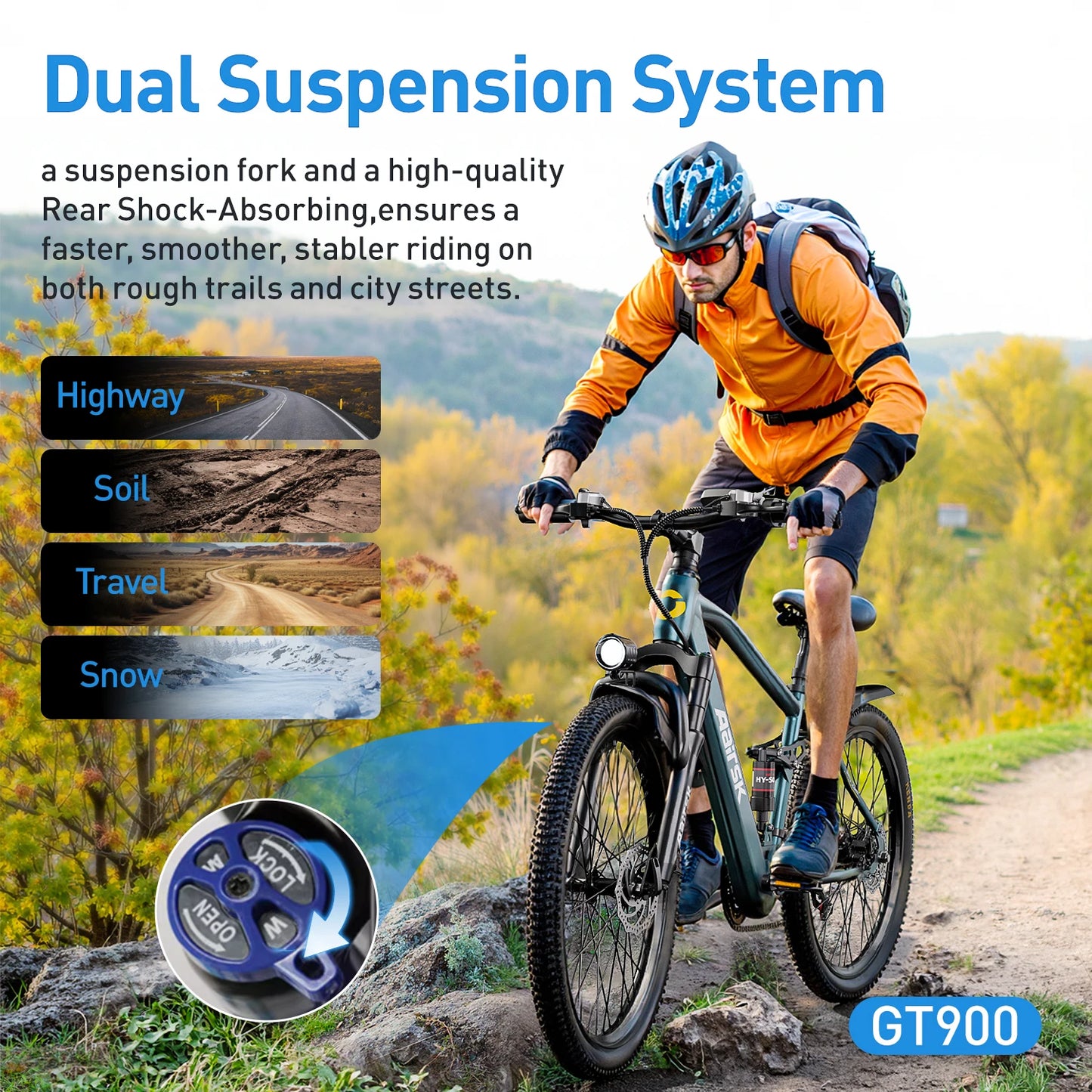 GT900 Electric Bike, Cyan, 24/26 Inch Rim, 750W Peak Motor, 28MPH, Dual Suspension, 13Ah/20Ah Removable Battery