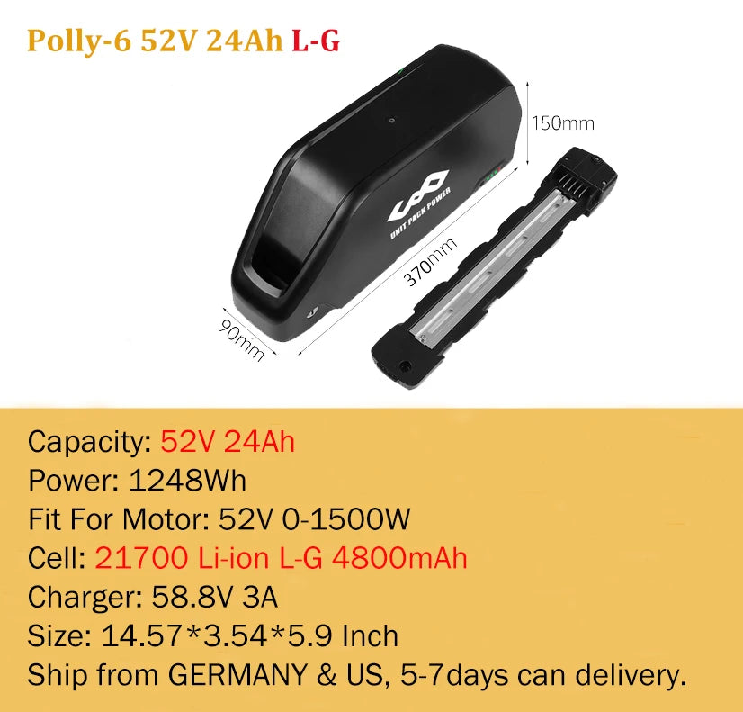 Hailong Polly E-Bike Battery 36V/48V (13Ah - 25Ah) | Long Range Lithium Pack for 250W-1500W Motors | Fits Bafang BBS01/BBS02