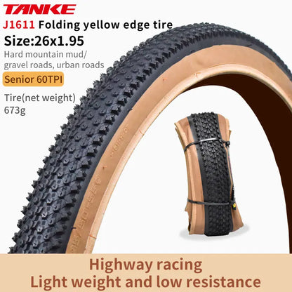 TANKE MTB Bicycle JILUER Foldable Gravel Tire Black/Yellow 60TPI Road BICYCLE Tire 26×2.25/27.5×2.1/2.2/29×2.2/700×25C/20×1.35 J1611 26x1.95 Yellow Foldable China